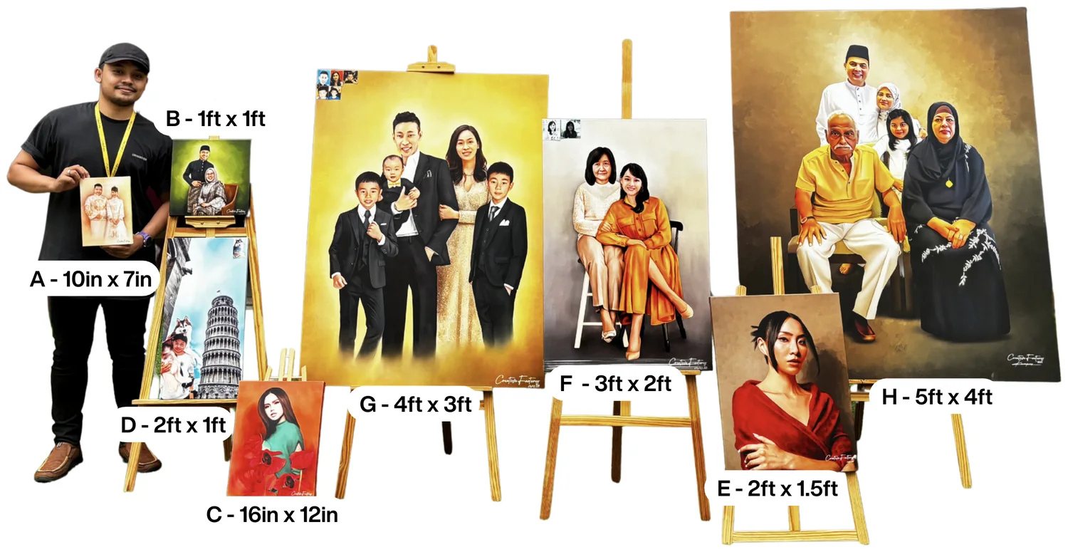 Creativist painting sizes A to H, shown side by side